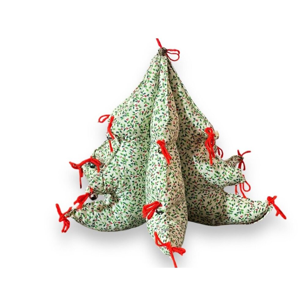 Handcrafted 3D Stuffed Fabric Christmas Tree 15" Holly Print & Bells Vintage